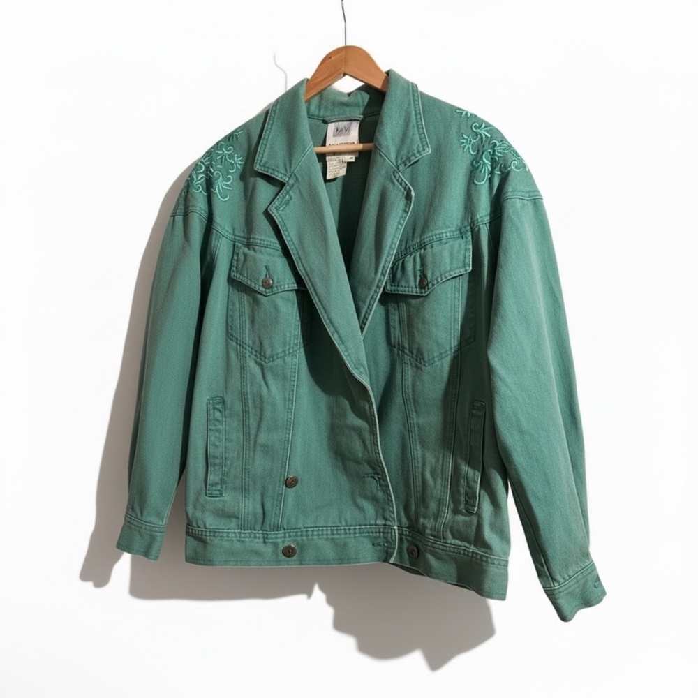 Vintage Green Embroidered Soft Denim Jacket